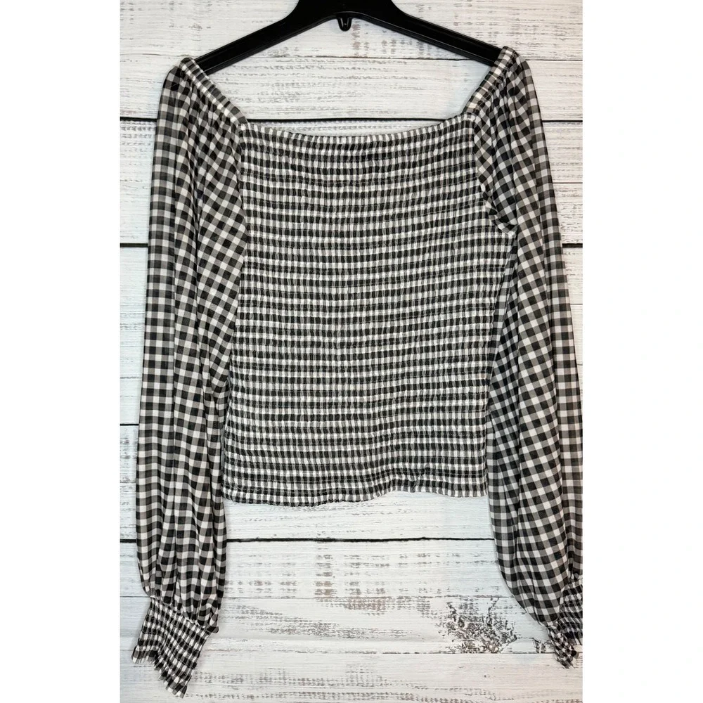 Anthropologie Rouen Crop Top Black White Gingham Square Neck Balloon Sleeve